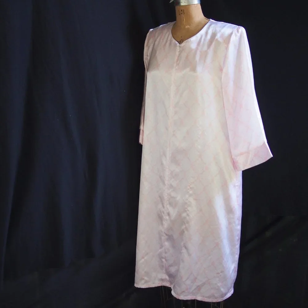 vtg KASSATLY Palm Beach Pink Floral Zip Up Satin Glam Lounge Robe Caftan Dress S - Picture 2 of 9